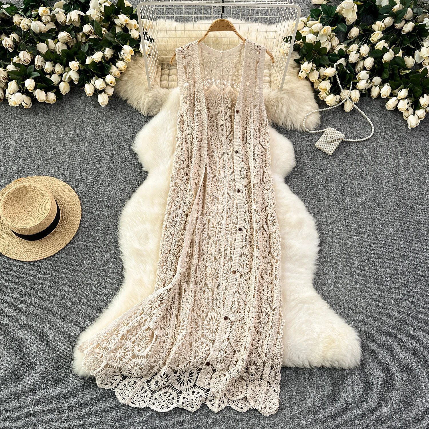 Longline Crochet Cardigan Button Front Sleeveless Sheer Openknit Long Coverup Jacket Women Summer Beach Vacation Outfit 250612
