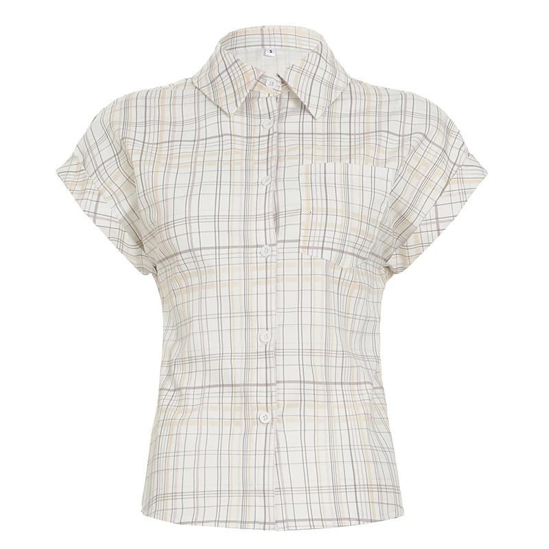 Rockmoer Korean Style Striped Plaid Slim Blouses Y2K Aesthetic Vintage Buttons Up Shirts Women Summer Casual Short Sleeve Tops 250614