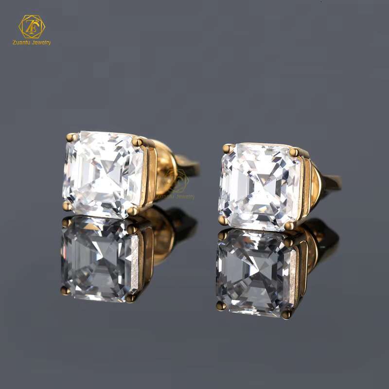 14k Solid Gold Stud Earrings Asscher Moissanite D VVS1 Pass Diamond Tester with GRA Push Back Earrings