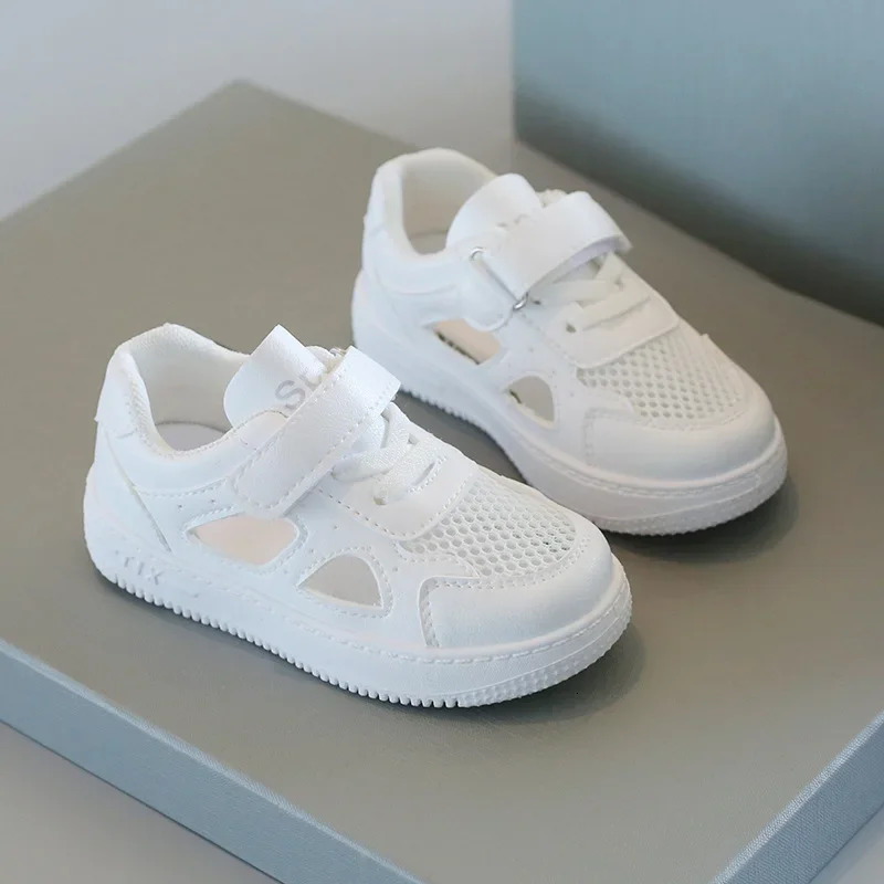 Children White Shoes Summer Boys Sports Shoes Mesh Breathable Board Shoes Girls Hollow Casual Sneakers Soft Sole Kids Shoes 250614