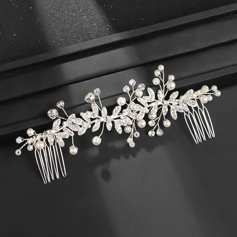 Pearl Leaf Crystal Comb Hairpin Headband Tiara For Women Bride Queen Party Wedding Bridal Hair Accessories Jewelry
