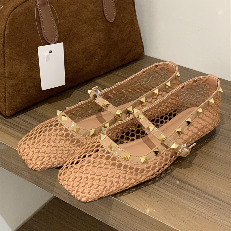 Ddmysheep Ddmysheep Hollow Out Fishnet Crochet Mary Jane For Women Summer New Round Toe Flat Ballet Shoes