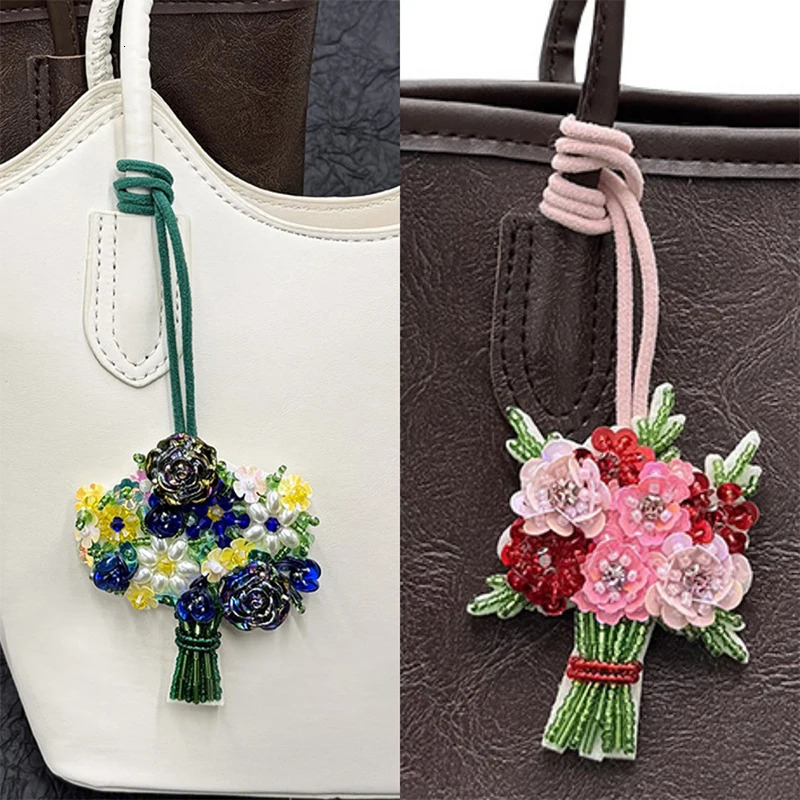 Handmade Rhinestone Beaded Flowers Shaped Plant Hanging Rope Patches Crystal Bag lanyard Patch beading DIY Applique 250614