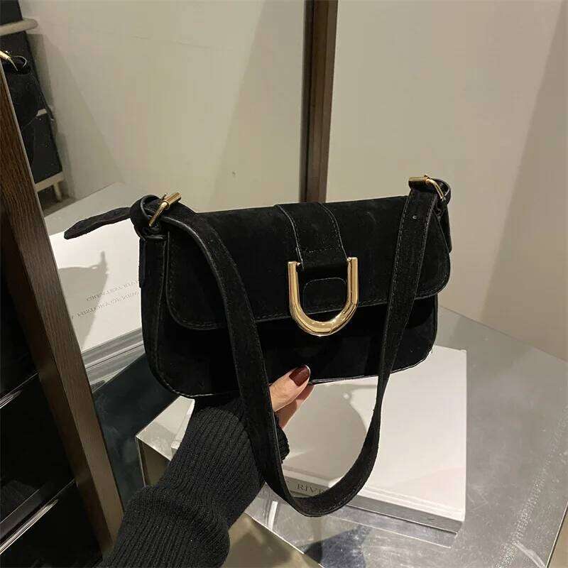 Classic Suede Horseshoe Buckle Casual Crossbody Soild Color Small Shoulder Bag with Zipper Closure Women Clutch Purse