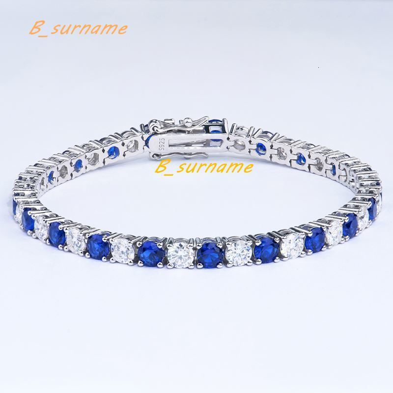 Premium Jewelry 925 Sterling Silver Rhodium Plated Round Nano #597 Sapphire Blue and Moissanite Tennis Chain Bracelet for Men