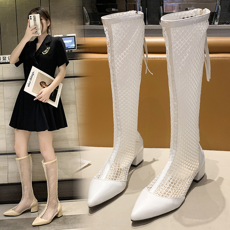 Ddmyoutdoor Trendy Women S Long Spring Summer New Pointed Toe Hollow Soft Leather Chunky Heel Mesh Boots High Tube Slim Leg Sandals Outdoor Shoes