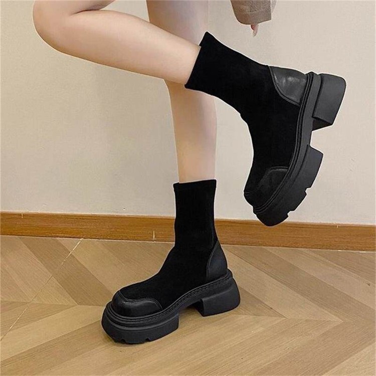 Ddmysports New Spring And Autumn Thick Soled Height Increasing Short For Women Casual Comfortable Elastic Slimming Martin Boots Outdoor Shoes