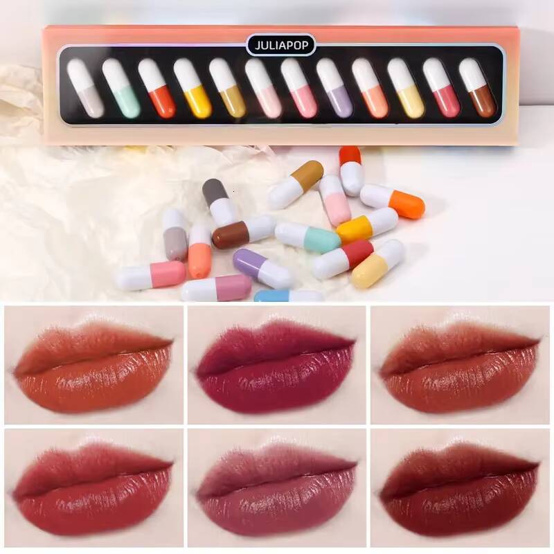 12 Lipsticks,Long-lasting Plumping Capsule Lipstick,Matte Lip Gloss,Mini Velvet Lipstick Set,Cosmetics Valentine's Day Gift happy
