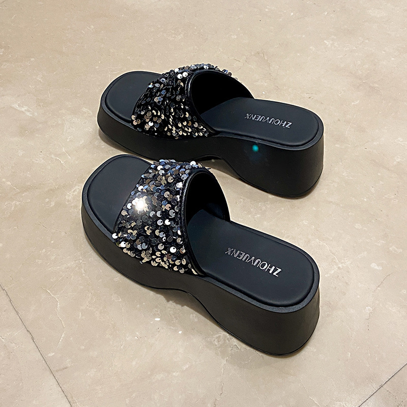Ddmyoutdoor Women S Outdoor Slip On Summer New Korean Style Wedge Thick Soled Platform Sandals Square Toe Sequin High Heels Outdoor Shoes
