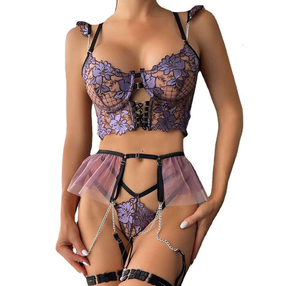 Sexy Lingerie Porn Suits INS Hot Selling Sexy Lingerie Embroidered Flower Push Up Cute Metal Chain Four Piece Set Spell Lingerie