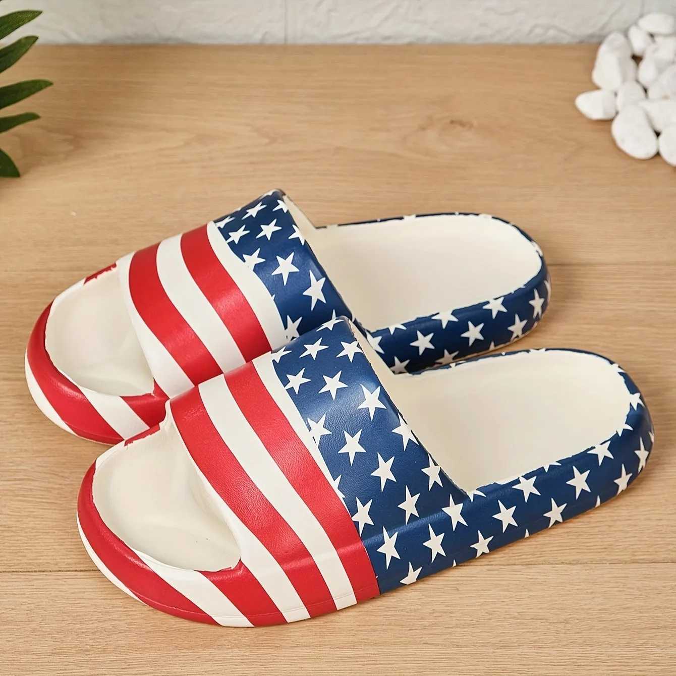 Summer Thick Sole Slippers Trendy Flag Print Slides Casual Open Toe Soft Sole Shoes Comfortable Indoor Home Slides Z250614