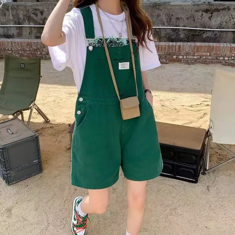 Green AntiAging Denim Overalls Women Summer Of The Season plus Size Fat MM OnePiece Loose Straight Short Pants Je 250612