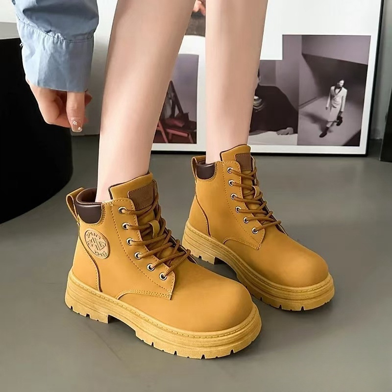Ddmysports Trendy Yellow Martin For Women Autumn New Style Petite Thick Sole Chunky Heel Super Popular Street Short Boots Outdoor Shoes