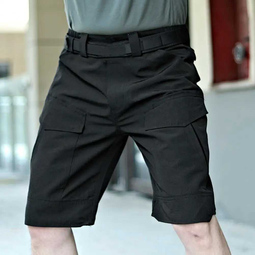 Solid Color Casual Shorts Mens Summer Cargo Shorts with Elastic Waist Multiple Pockets Wear-resistant Fabric for Outdoor W250614