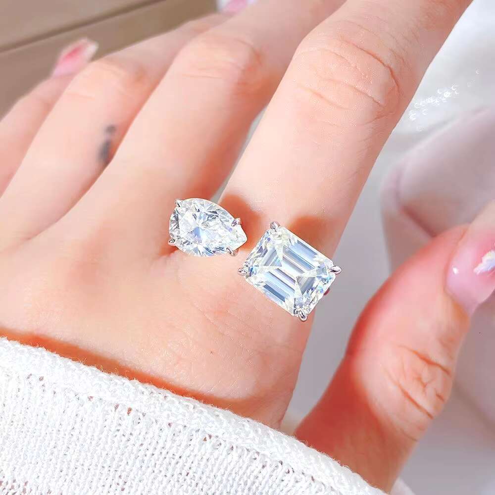 FOXI Waterdrop Moissanite Ring Inspired Wedding Open Adjust Rings Emerald and Pear Cut Moissanite Diamond Sterling Silver Ring