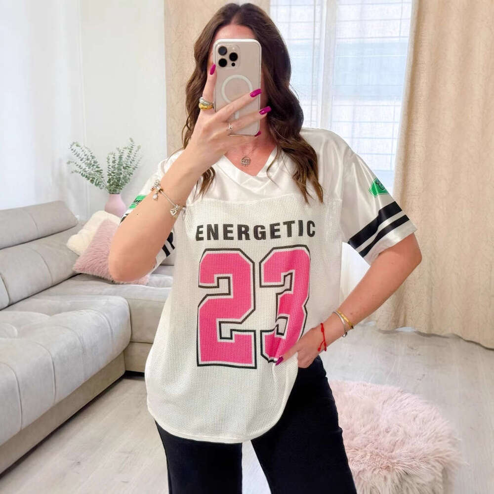 Summer New Ins Street Versatile Mesh Loose Patchwork Letter Print Short Sleeve T-Shirt Women's Clothing B5