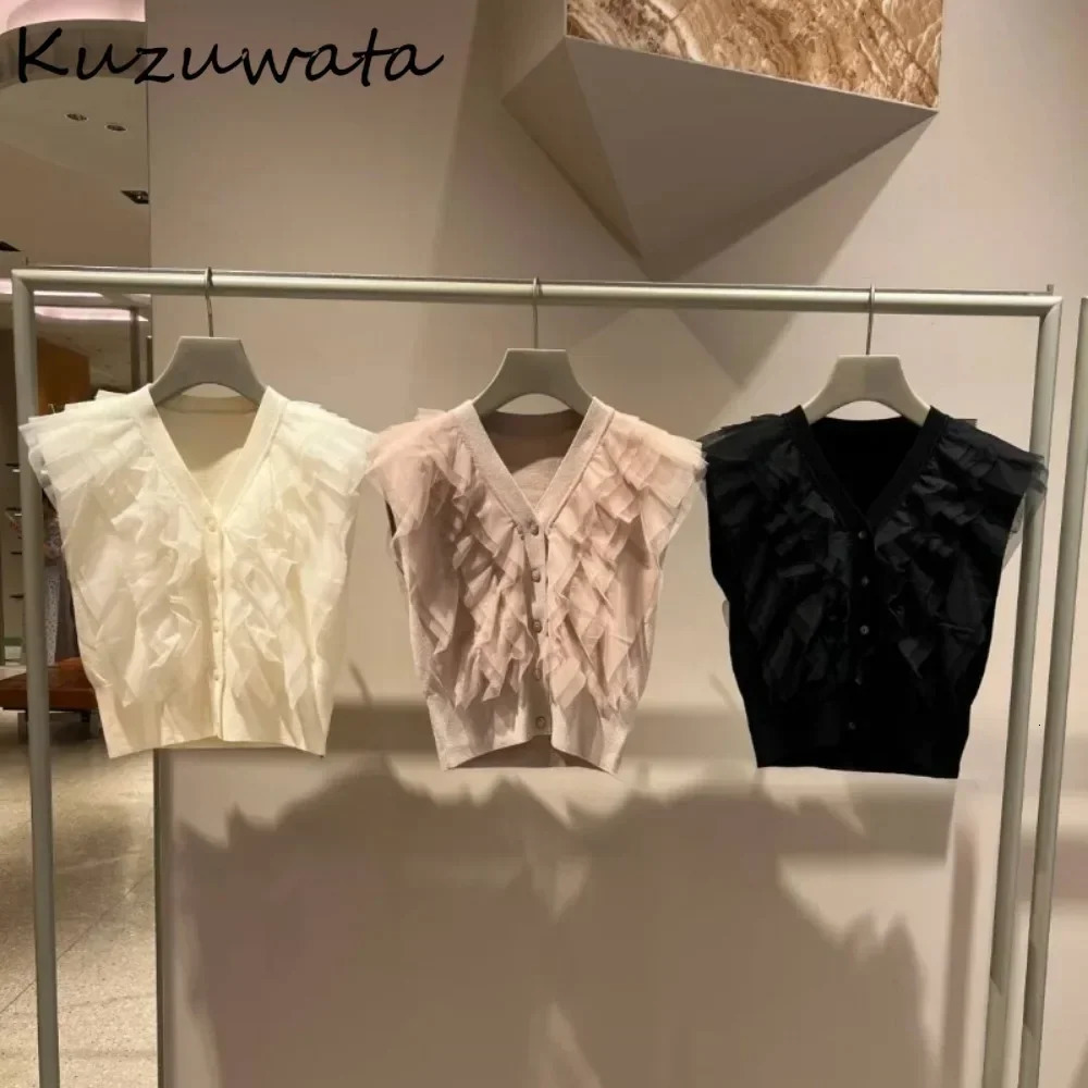 Kuzuwata Sweet V Neck Sleeveless Patchwork Jumper Knit Voile Single Breasted Allmatch Cardigan Japanese Fresh Ruffles Sweaters 250612