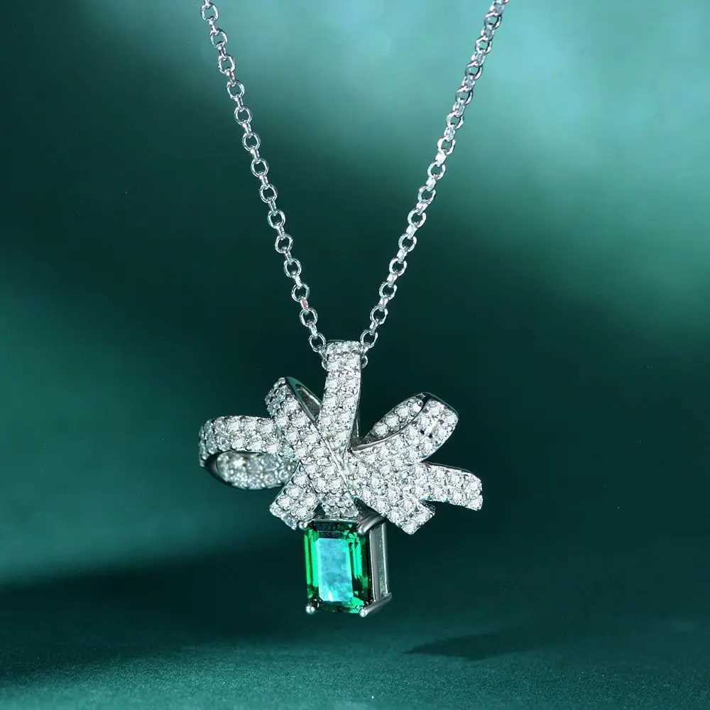 PANSYSEN 100% 925 Sterling Silver 5*7MM Cultivated Emerald Diamond Bowknot Pendant Necklaces for Women Anniversary Party Jewelry Z250614