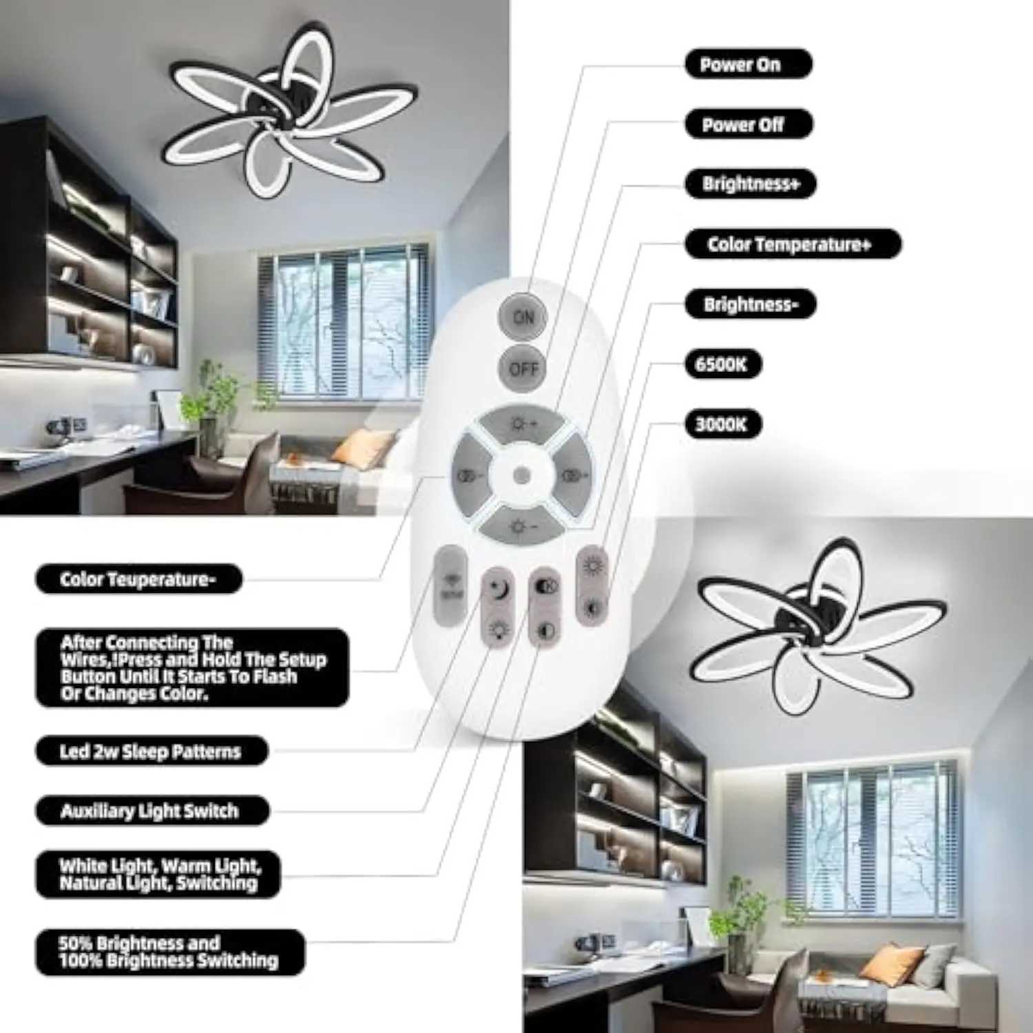 Modern LED Ceiling Light 6+1 Rings 93W Dimmable Ceiling Light Fixtures 29.5 3000K-6500K Flush Mount Black Flower Ceiling Lamp XJ2500613