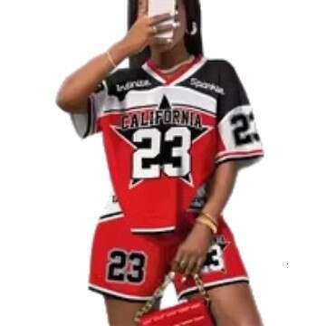 New Fashion Street Print Loose Casual V-Neck Short Sleeve Top And Shorts Sports Set B5