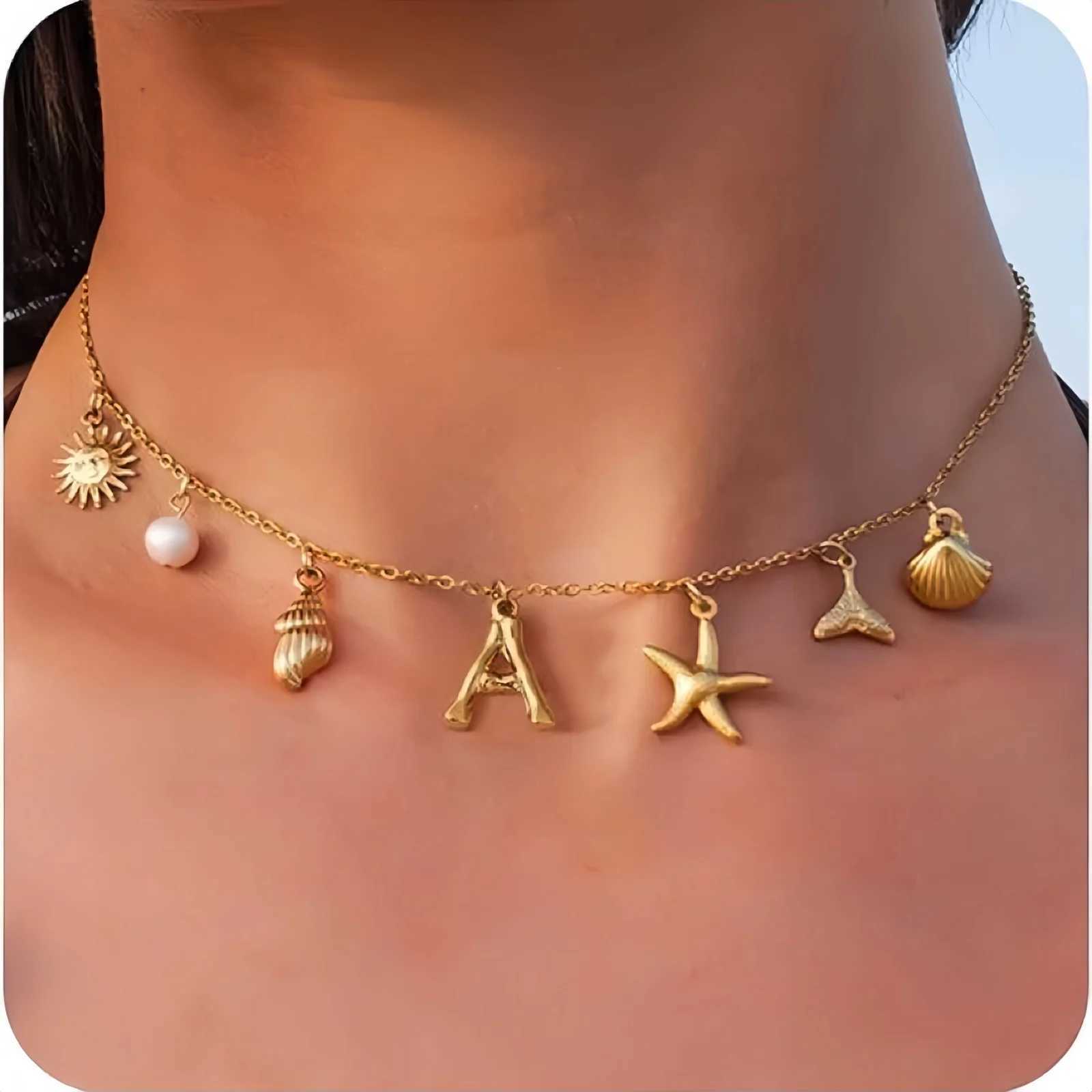 MHS.SUN Starfish Shell Initial Necklace Waterproof 18K Gold Plated Stainless Steel Charm Necklaces Surfer Girl Summer Beach Gift Z250614