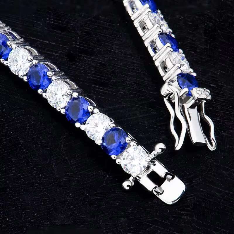 Premium Jewelry 925 Sterling Silver Rhodium Plated Round Nano #597 Sapphire Blue and Moissanite Tennis Chain Bracelet for Men