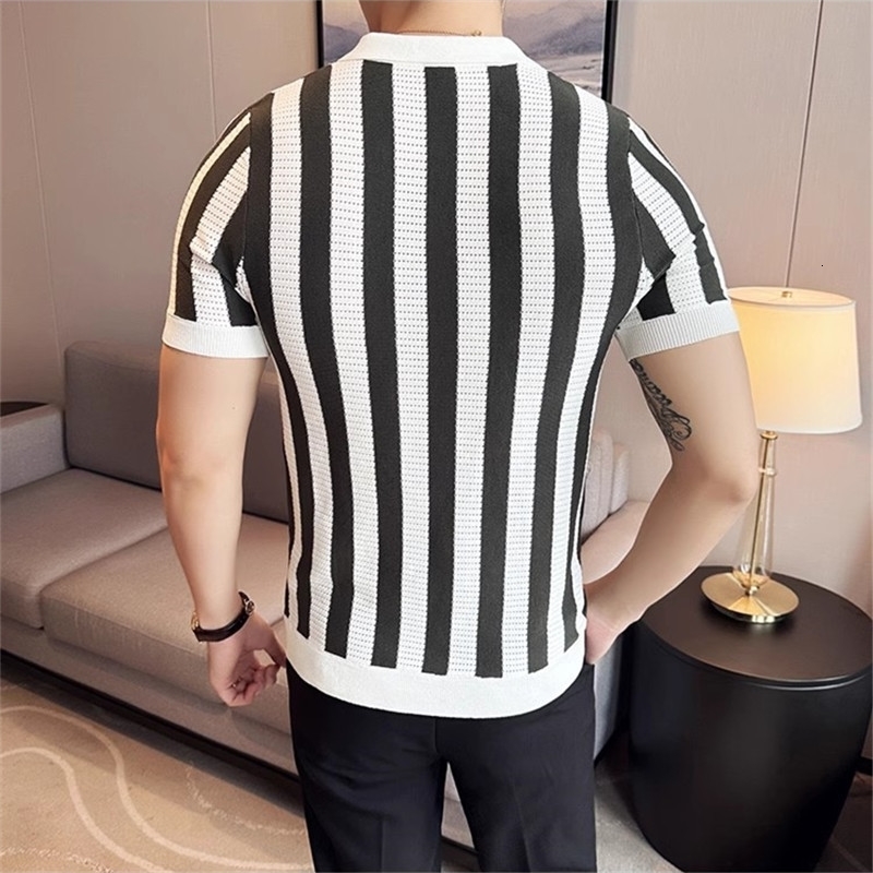 Summer Mens Striped Knit Shirts Lightweight Slim Fit Breathable Casual Shirt Men Turn Down Collar Short Sleeve Knitted Tops w250520