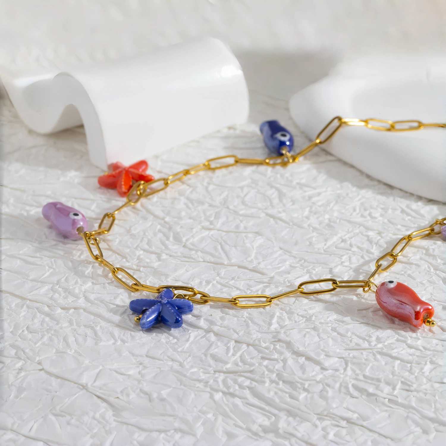 Ceramic Fish Starfish Pendant Necklace for Women 18K Gold Plated Stainless Steel Vibrant Dopamine Jewelry Hypoallergenic Gift Z250614