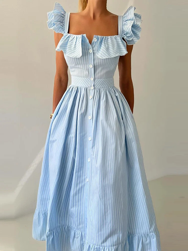 Casual Striped Womens Long Dresses Chic Single-breasted Short Puff Sleeve Female Vestidos Summer Slim Fit Lady Robes 250613