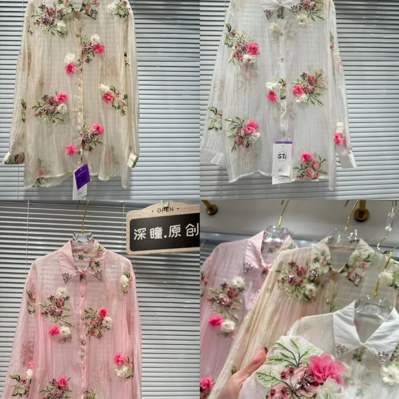 Woman Diamonds Beaded 3D Flowers ed Chiffon Shirt Floral Crystal Net Yarn Blouses Sun Protection Gauze Rhinestones Tops 250611