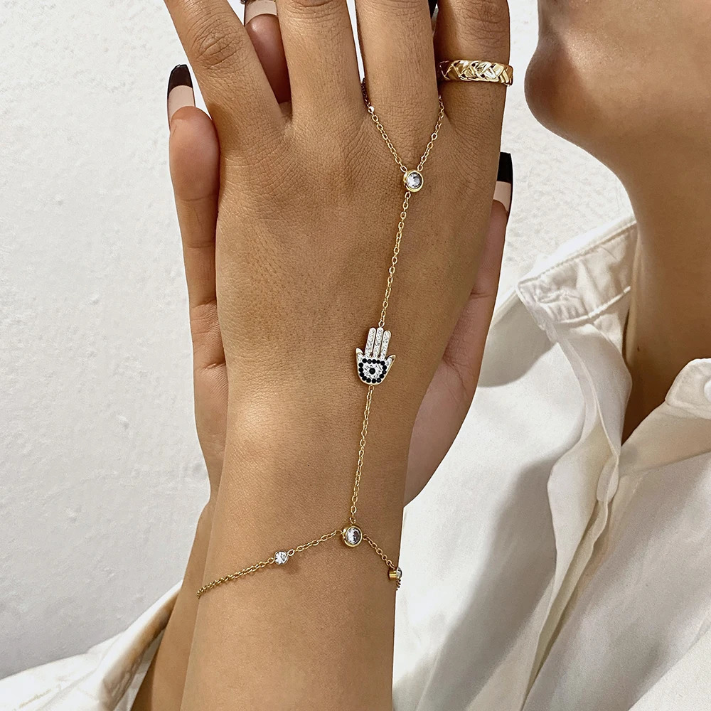 Devils Eye Palm Zircon Chain Bracelet for Women Link Connected Stainless Steel Finger Ring Bracelets Hand Harness Jewelry 250610