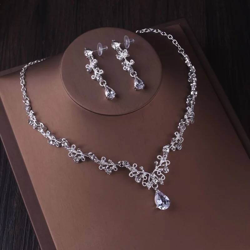 3 Pcs Sier Color Crystal Water Drop Jewelry Rhinestone Tiara Crown Necklace Earring Set Bridal Wedding Jewel