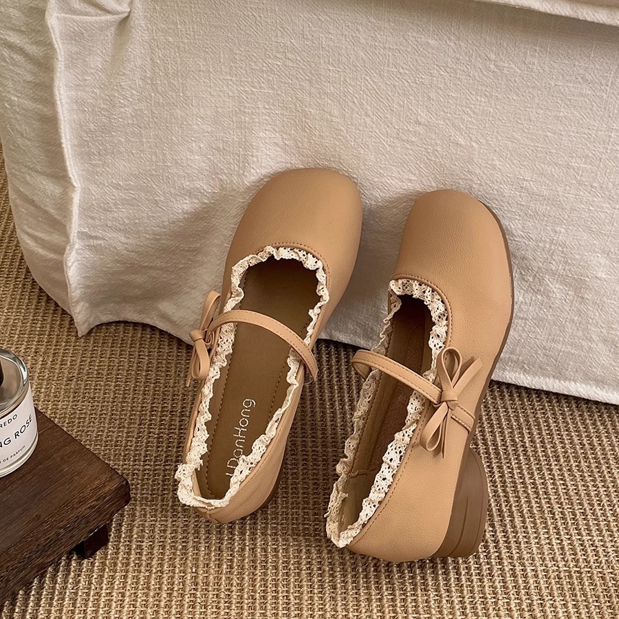 Ddmysports New Round Toe Mary Jane Sweet Lace Trim Soft Sole Stylish Princess Shallow Mouth Single Shoes Outdoor Shoes
