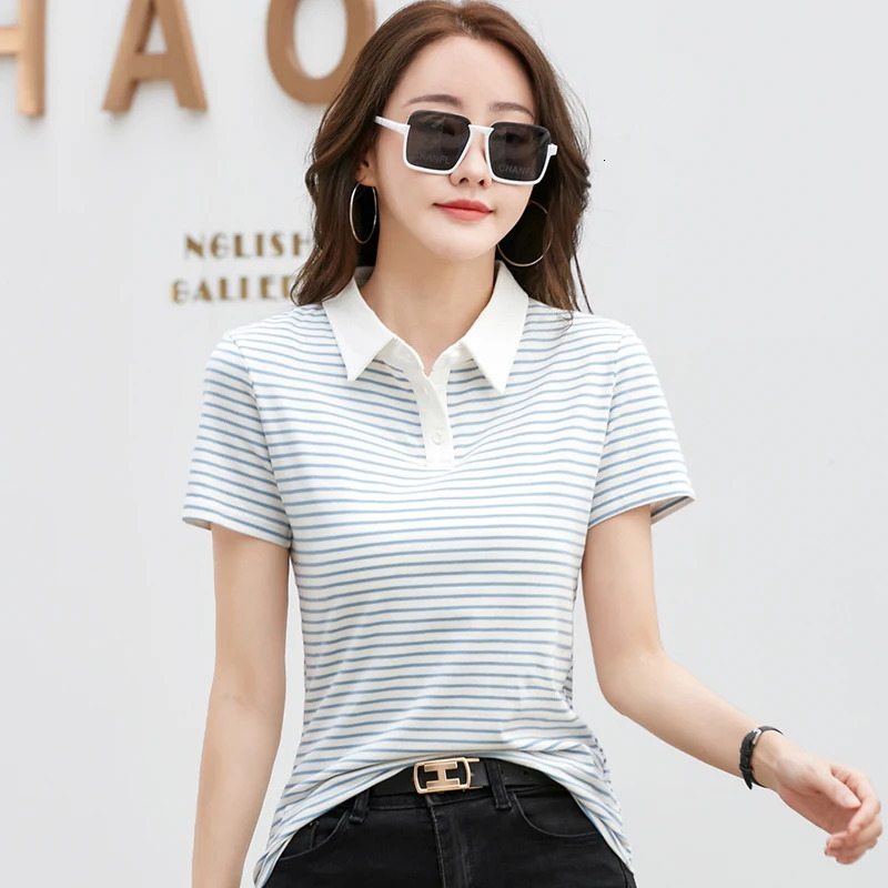 Korean Style Short Sleeve Polo Shirt Women Cotton Stretch Fashion Summer Tops Elegant Knitted Striped T-shirt For Women 250609