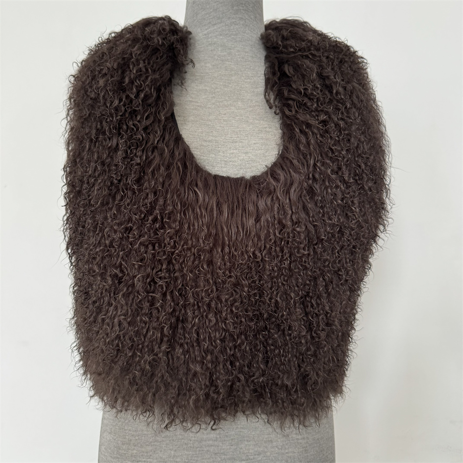 Sexy Midnight Real Mongolian Fur Waistcoat Woman Backless Crop Halter Vests Coat Deep V-neck Y2k High Street Brown Solid Tops