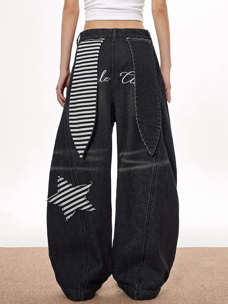 Black Womens Jeans High Waist Vintage n Hip Hop Baggy Denim Pants Street Y2K American Style Wide Leg Trousers 250612