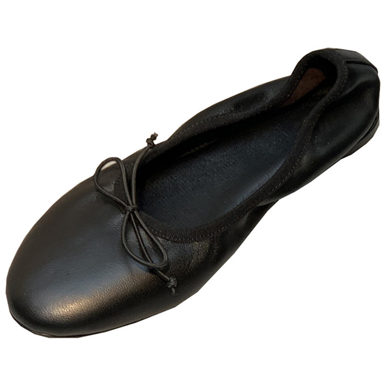 Ddmysheep Ddmysheep Autumn Winter Row Elastic Flat Ballet For Women Genuine Leather Round Toe Versatile Comfortable Bowknot Slip On Grandma Shoes