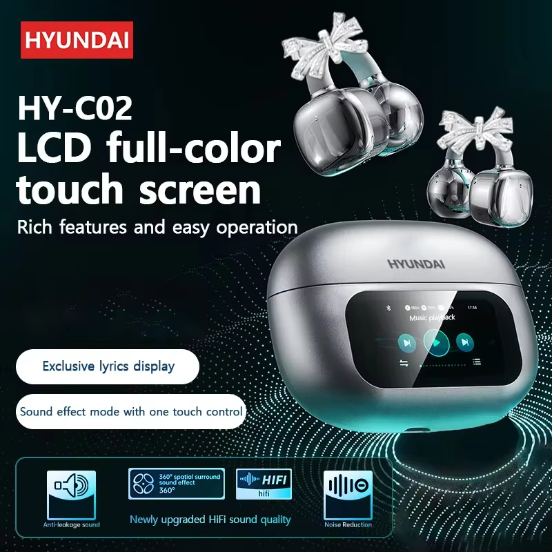 HYUNDAI Top butterfly Headphones Design LCD Full Color Touch Screen Audio Wireless for Music Phone Calls with earrings Bow tie suower C02