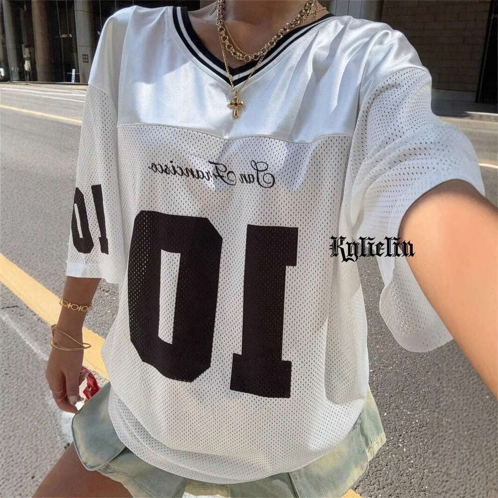 New Sports Style Jersey Fashion Print V-Neck Loose Casual Short Sleeve Color Block Top T-Shirt B5