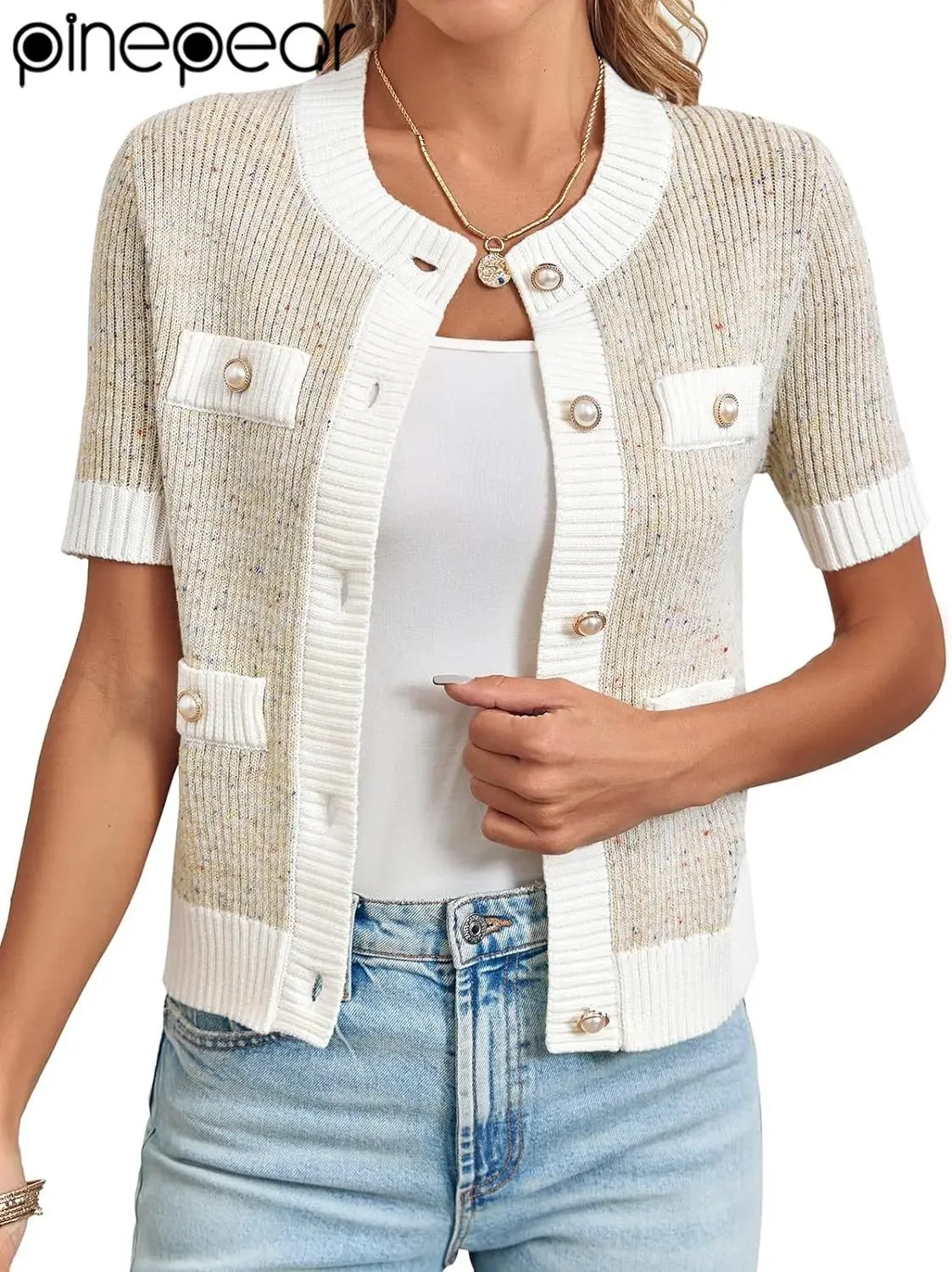 PinePear Fall Women Short Sleeve Lightweight Cardigans False Pockets n Elegant Pearls Button Down Cardigan Sweater 250612