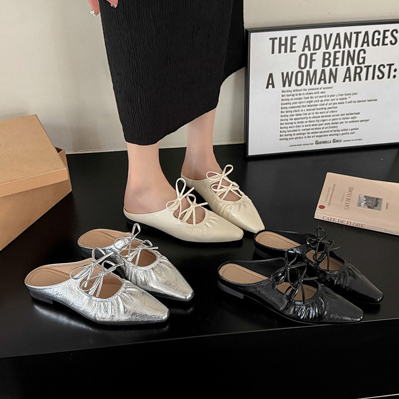 Ddmyoutdoor Hidden Wedge Silver Bowknot Closed Toe Mules For Women Fashionable Outdoor New Summer Mary Jane Sandals Outdoor Shoes