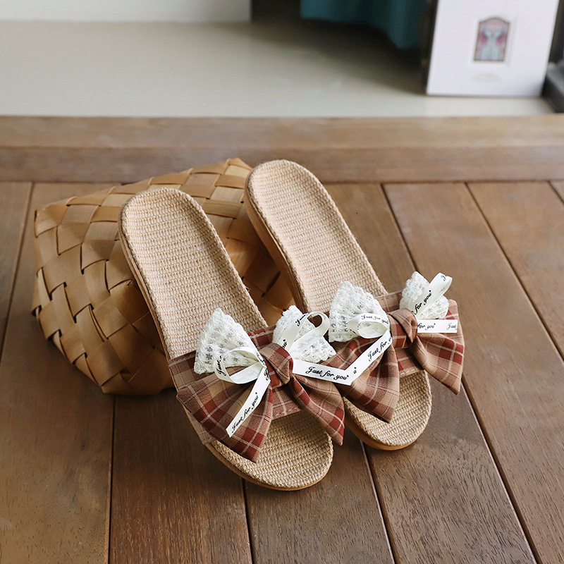 Fashion new bow shoes, home cotton and linen women's slippers, summer indoor thick soled designer sandals, women's beach sandals