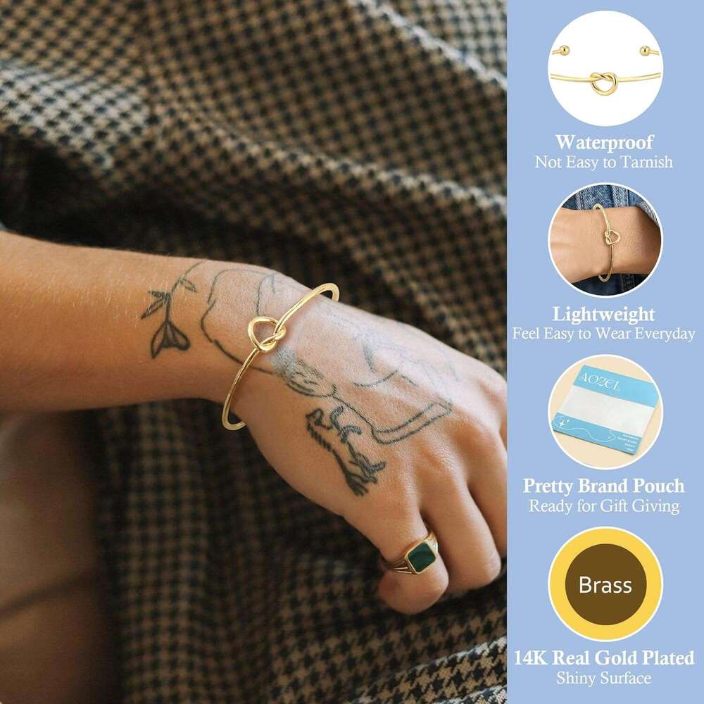 14K Plated Love Knot Bangle Bracelets Adjustable Gold Cuff Bracelet for Women