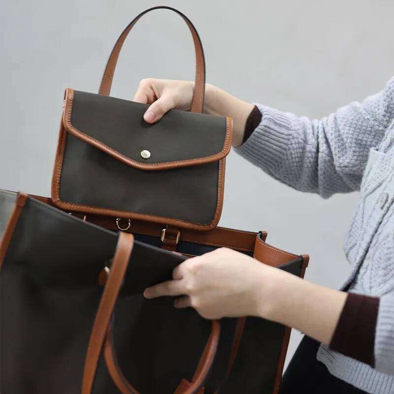 Women Nylon Genuine Leather Tote Portable Large Capacity Handbag With Computer Compartment For Working Shoulder Bags