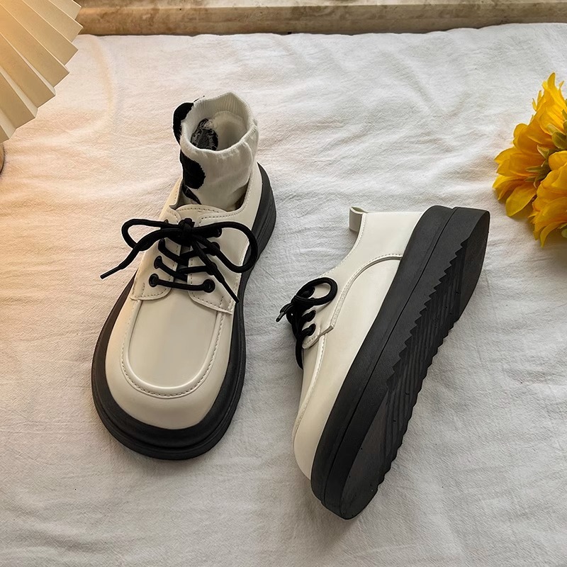 Ddmysports Women S British Style Leather New Spring Versatile Platform Thick Sole Student Lace Up Single Shoes Outdoor Shoes