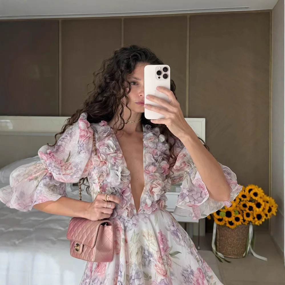 Summer Sexy V-neck Bubble Sleeve Three Dimensional Flower Waist Dress Lace Vacation Holiday A Line Mini Dresses 250612