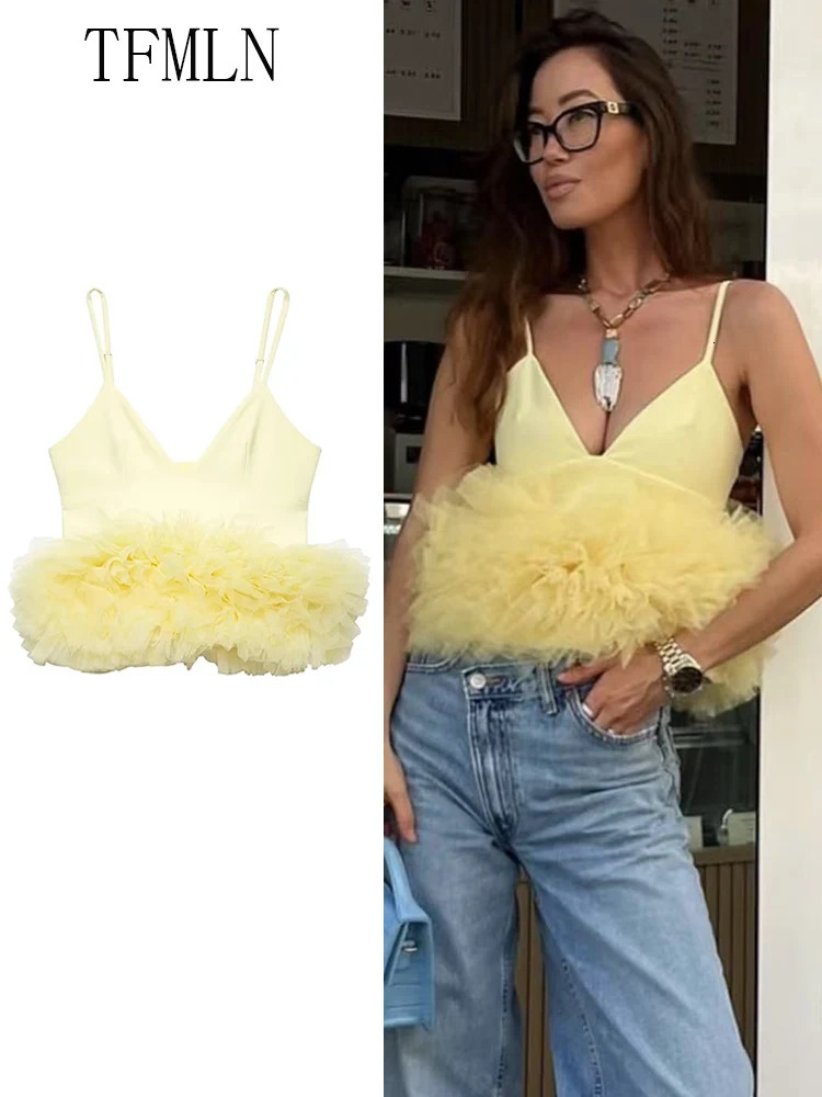 TFMLN Fashion Hem Tiered Camisole For Women Summer Sexy Vneck Sleeveless Sweet Casual Tops High Street Girls Backless Top 250611