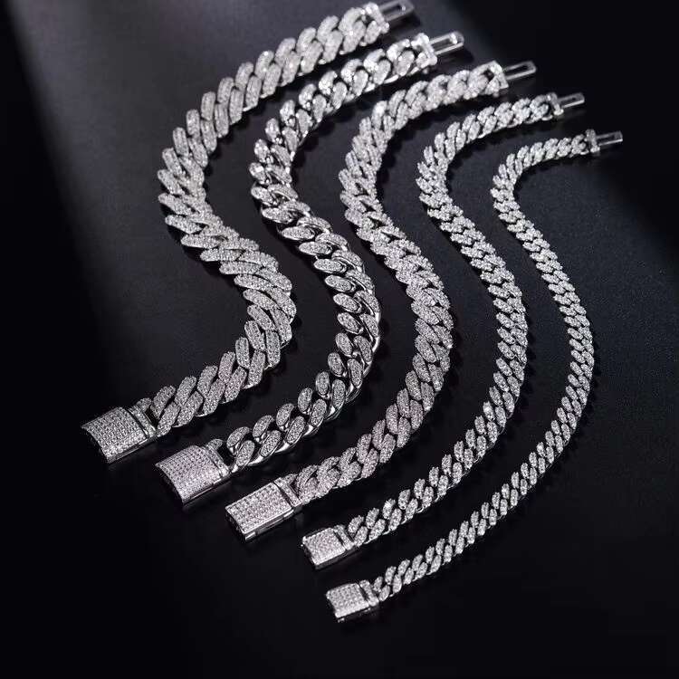 925 Sterling Silver Diamond-Cut Moissanite Chunky 6mm Cuban Link Bracelet Necklace Hip Hop Style for Men Women