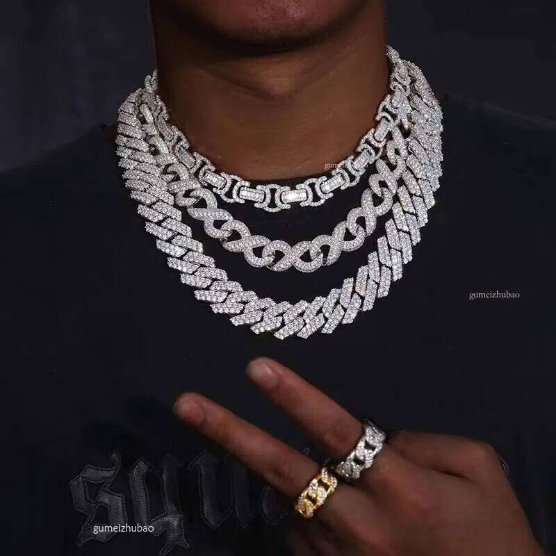 20mm Real Sterling Sier Hand Setting Moissanite Vvs Dia Cuban Link Chain Necklace with Box Clasp