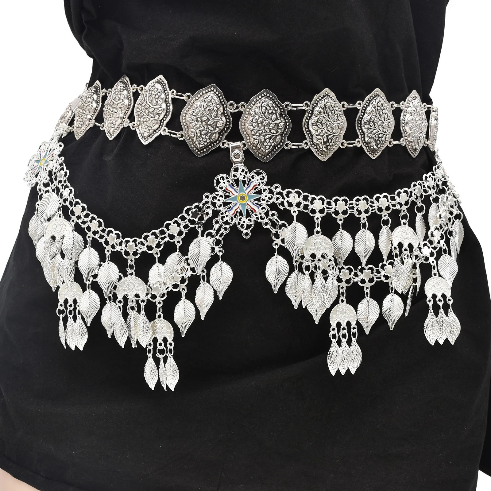 Silvery Assyrian Belt Hair Accessories for Women Kurdish Hollow Ethnic Waist Belly Chain Colorful Flag Leaf Coins Tassel Jewelry 250610